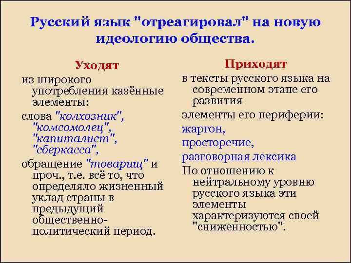 Русский язык "отреагировал" на новую идеологию общества. Уходят из широкого употребления казённые элементы: слова