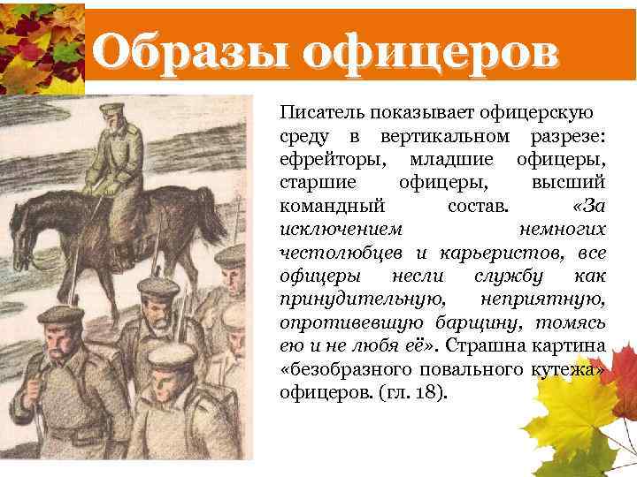 Образы офицеров Писатель показывает офицерскую среду в вертикальном разрезе: ефрейторы, младшие офицеры, старшие офицеры,