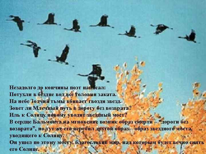 Незадолго до кончины поэт написал: Потухли в бездне вод все головни заката. На небе