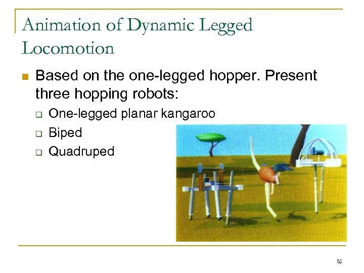 Animation of Dynamic Legged Locomotion n Based on the one-legged hopper. Present three hopping