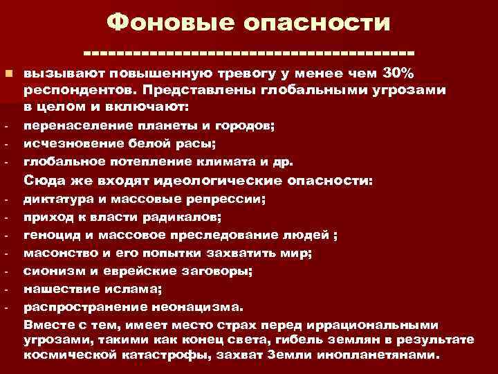 n Фоновые опасности вызывают повышенную тревогу у менее чем 30% респондентов. Представлены глобальными угрозами