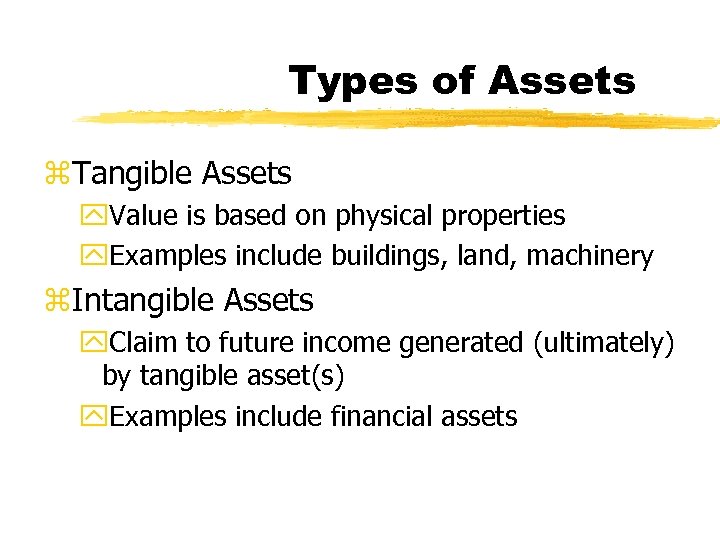 Types of Assets z. Tangible Assets y. Value is based on physical properties y.