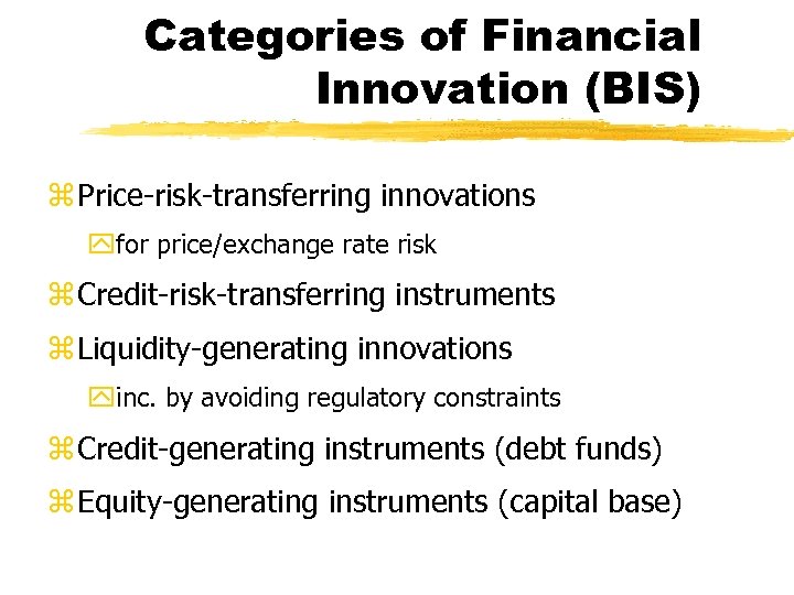 Categories of Financial Innovation (BIS) z Price-risk-transferring innovations yfor price/exchange rate risk z Credit-risk-transferring