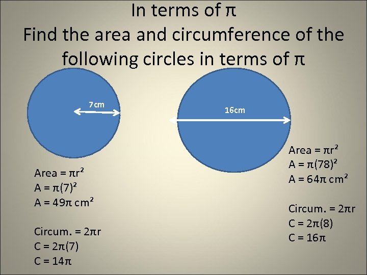 In terms of π Find the area and circumference of the following circles in