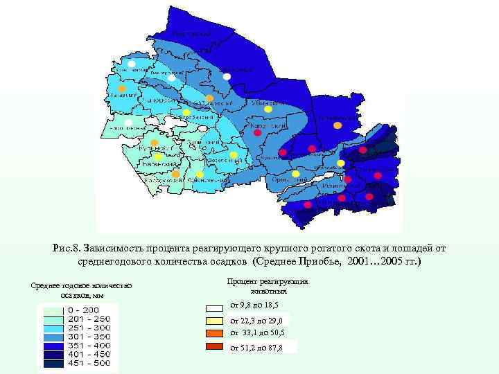 Рис. 8. Зависимость процента реагирующего крупного рогатого скота и лошадей от среднегодового количества осадков