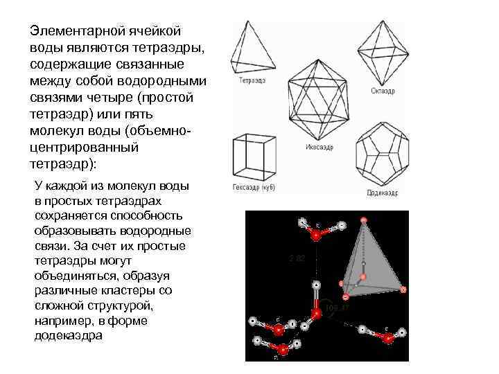 Элементарной ячейкой воды являются тетраэдры, содержащие связанные между собой водородными связями четыре (простой тетраэдр)