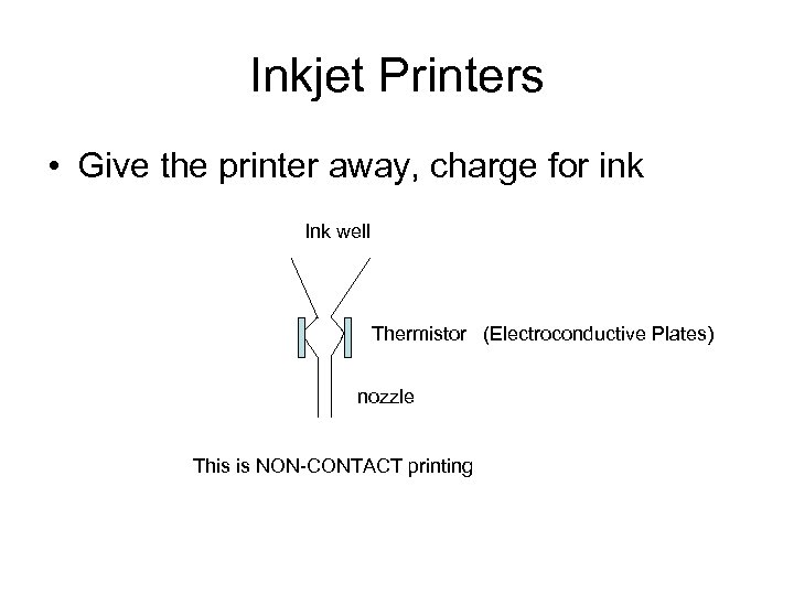 Inkjet Printers • Give the printer away, charge for ink Ink well Thermistor (Electroconductive