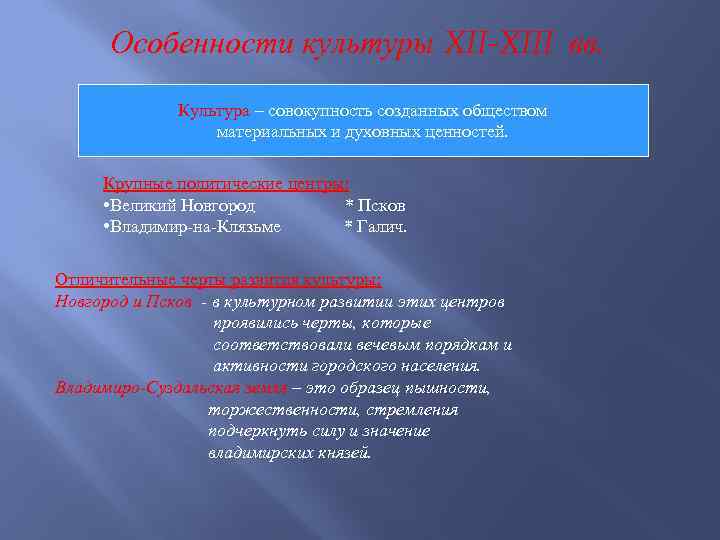 Особенности культуры XII-XIII вв. Культура – совокупность созданных обществом материальных и духовных ценностей. Крупные