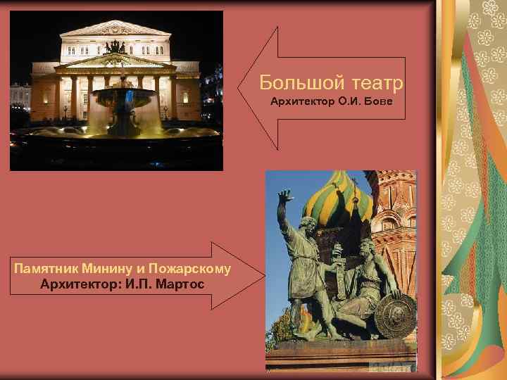 Большой театр Архитектор О. И. Бове Памятник Минину и Пожарскому Архитектор: И. П. Мартос