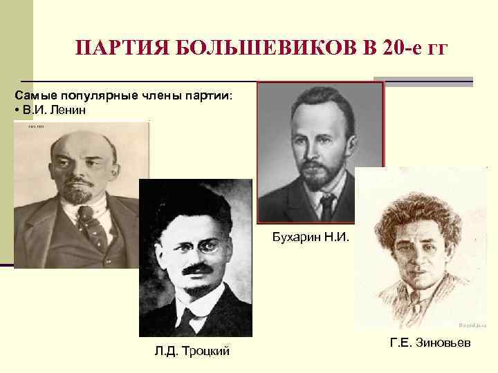 ПАРТИЯ БОЛЬШЕВИКОВ В 20 -е гг Самые популярные члены партии: • В. И. Ленин