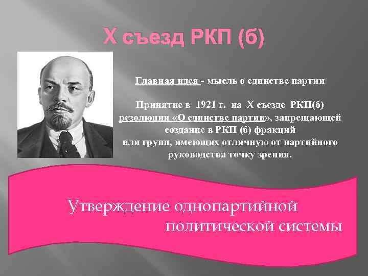 X съезд РКП (б) Главная идея - мысль о единстве партии Принятие в 1921