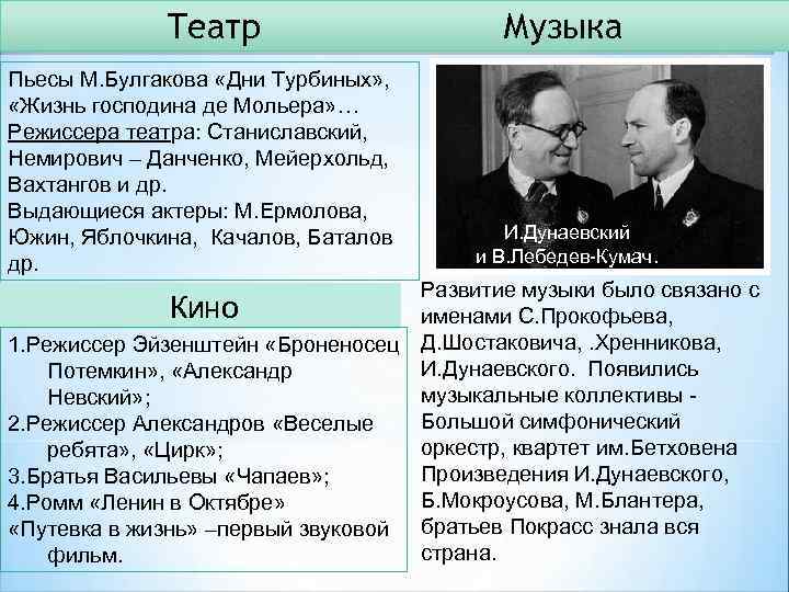 Театр Пьесы М. Булгакова «Дни Турбиных» , «Жизнь господина де Мольера» … Режиссера театра: