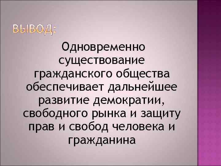 Одновременно существование гражданского общества обеспечивает дальнейшее развитие демократии, свободного рынка и защиту прав и