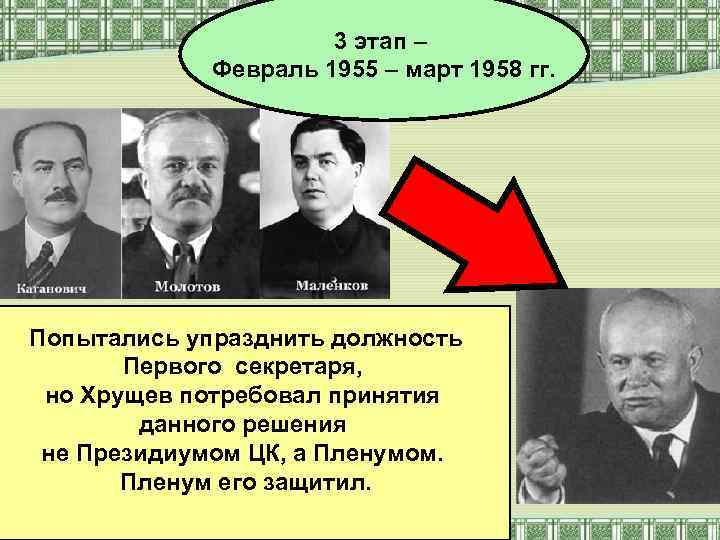 3 этап – Февраль 1955 – март 1958 гг. Попытались упразднить должность Первого секретаря,