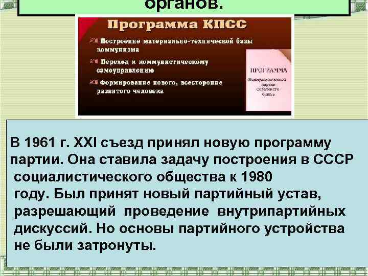 органов. В 1961 г. ХХI съезд принял новую программу партии. Она ставила задачу построения