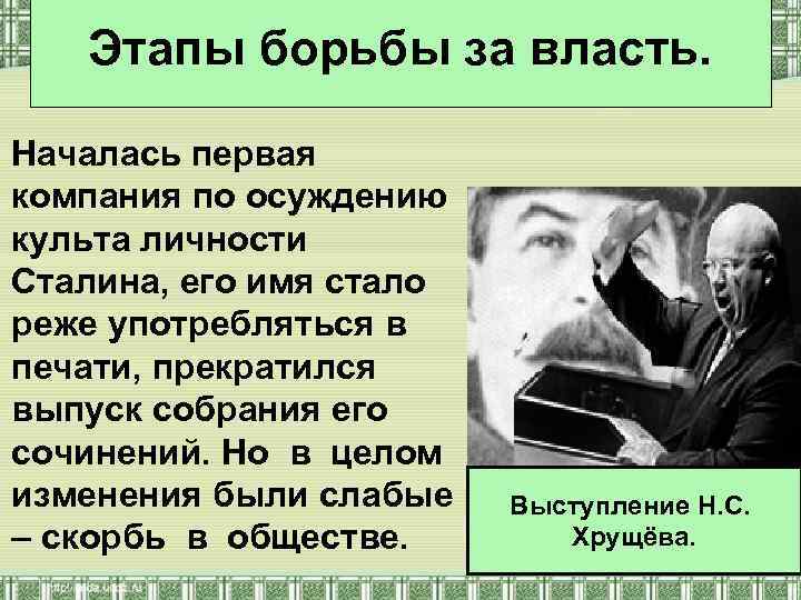 Этапы борьбы за власть. Началась первая компания по осуждению культа личности Сталина, его имя