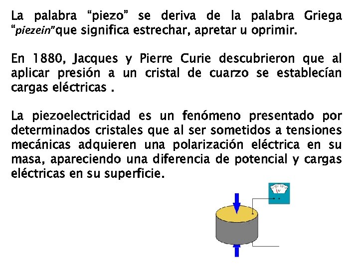 La palabra “piezo” se deriva de la palabra Griega “piezein”que significa estrechar, apretar u