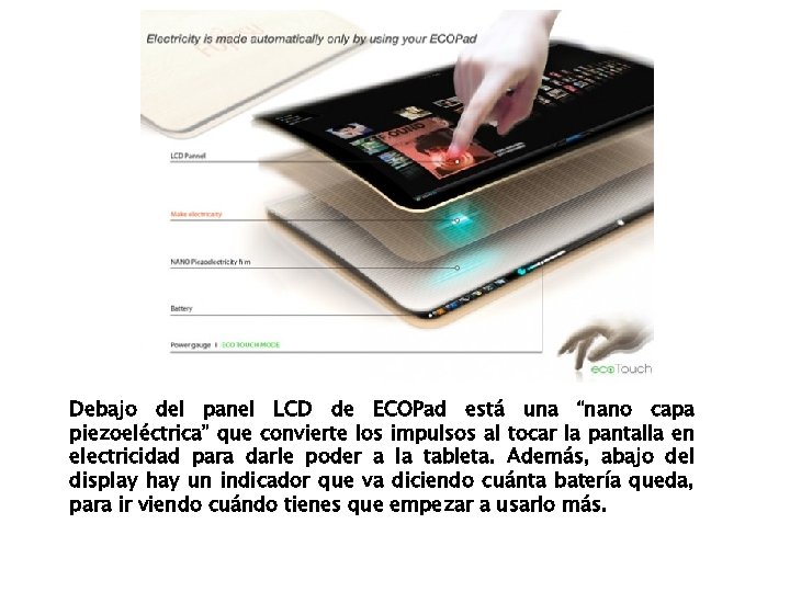 Debajo del panel LCD de ECOPad está una “nano capa piezoeléctrica” que convierte los