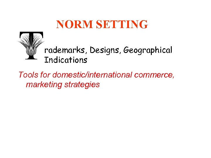NORM SETTING rademarks, Designs, Geographical Indications Tools for domestic/international commerce, marketing strategies • Develop