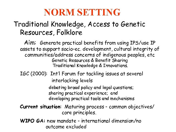 NORM SETTING Traditional Knowledge, Access to Genetic Resources, Folklore Aim: Generate practical benefits from