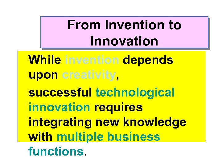 From Invention to Innovation While invention depends upon creativity, successful technological innovation requires integrating