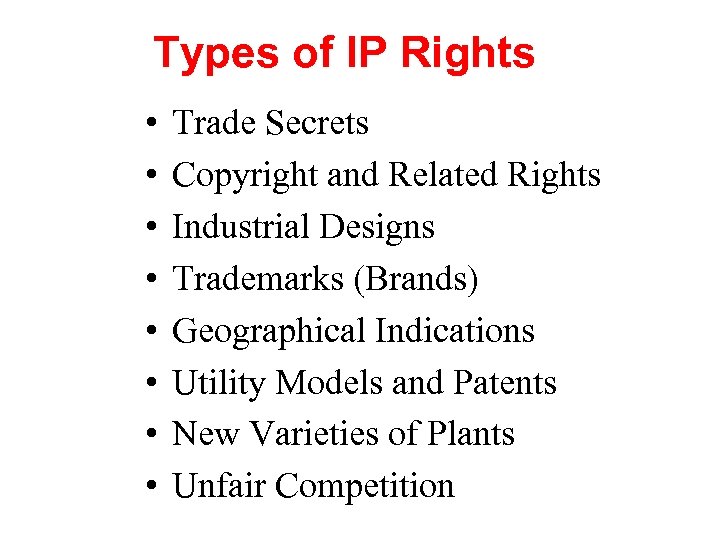 Types of IP Rights • • Trade Secrets Copyright and Related Rights Industrial Designs