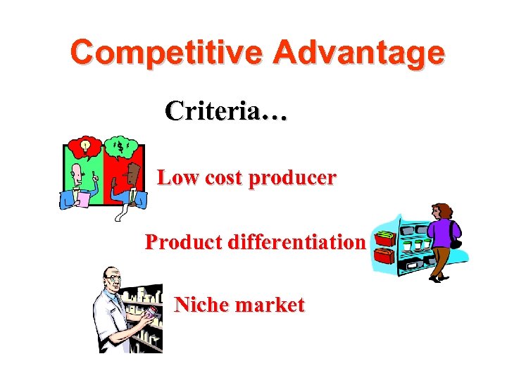 Competitive Advantage Criteria… Low cost producer Product differentiation Niche market 