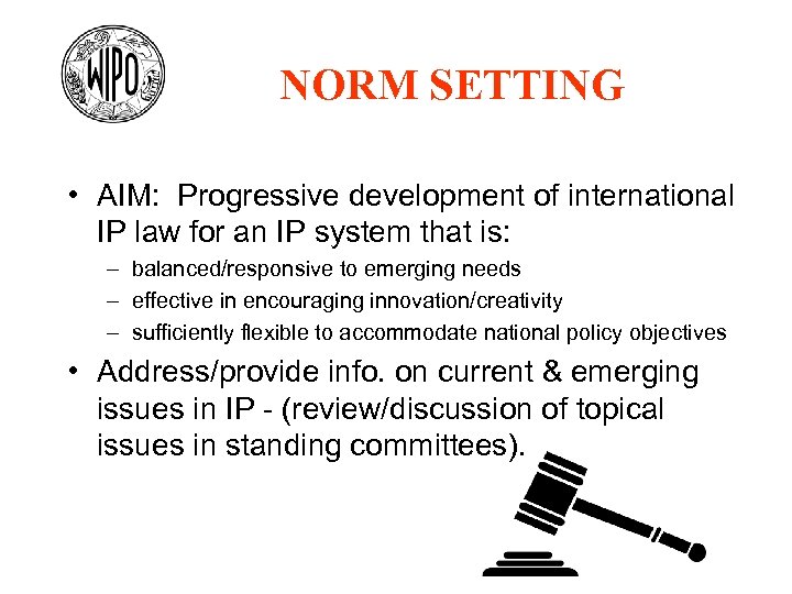 NORM SETTING • AIM: Progressive development of international IP law for an IP system