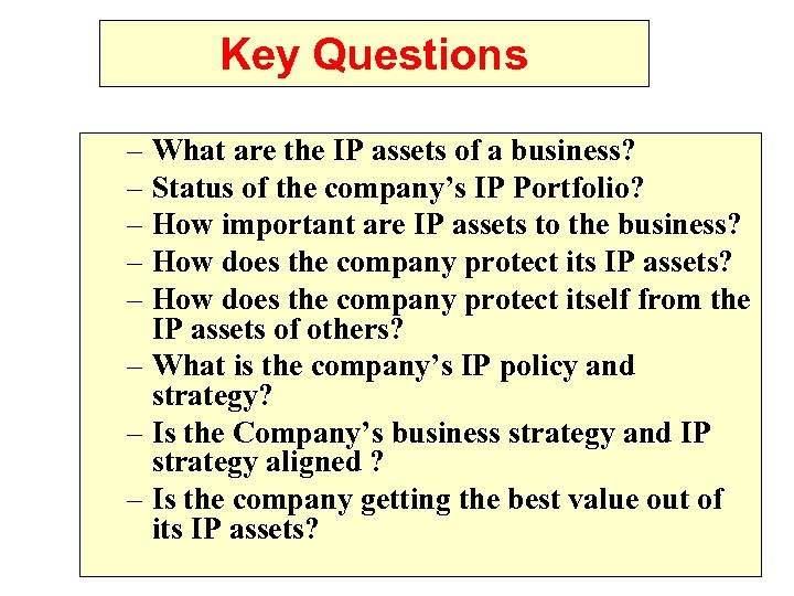 Key Questions – What are the IP assets of a business? – Status of