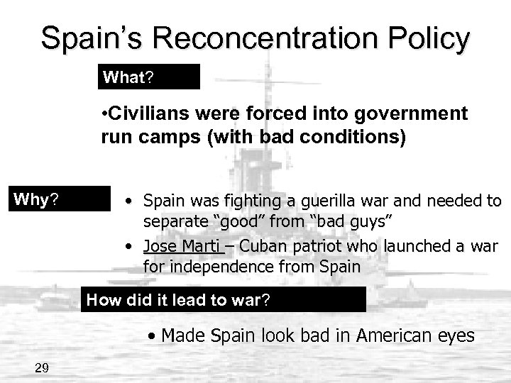 Spain’s Reconcentration Policy What? • Civilians were forced into government run camps (with bad