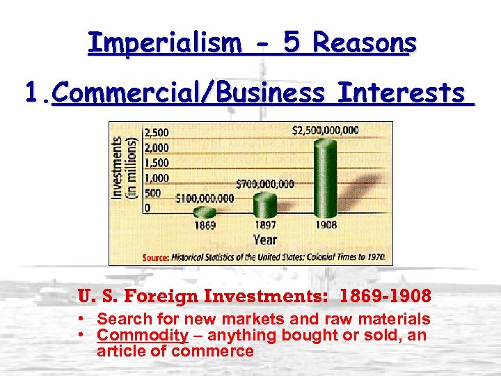 Imperialism - 5 Reasons 1. Commercial/Business Interests U. S. Foreign Investments: 1869 -1908 •