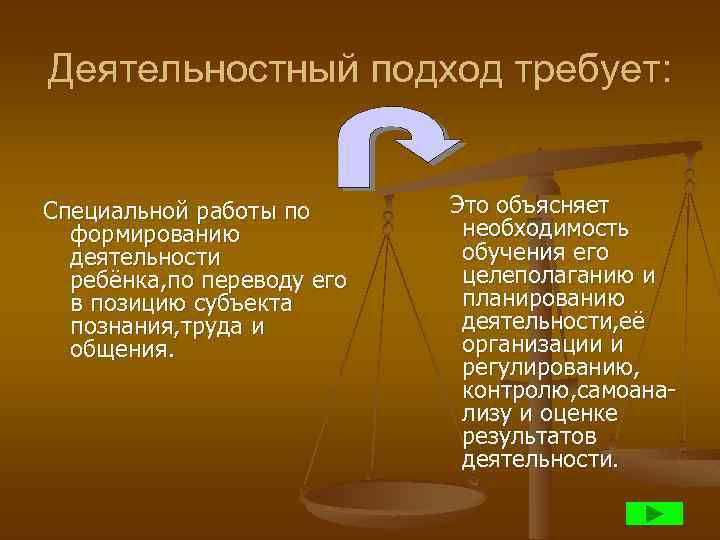 Деятельностный подход требует: Специальной работы по формированию деятельности ребёнка, по переводу его в позицию