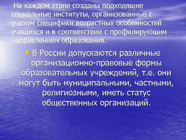 На каждом этапе созданы подходящие социальные институты, организованные с учетом специфики возрастных особенностей учащихся