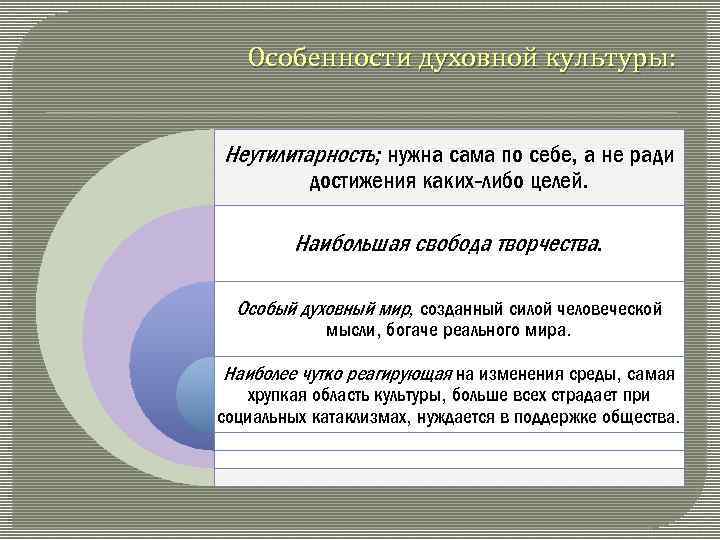 Особенности духовной культуры: Неутилитарность; нужна сама по себе, а не ради достижения каких-либо целей.