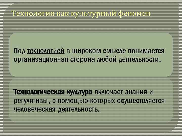 Технология как культурный феномен Под технологией в широком смысле понимается организационная сторона любой деятельности.