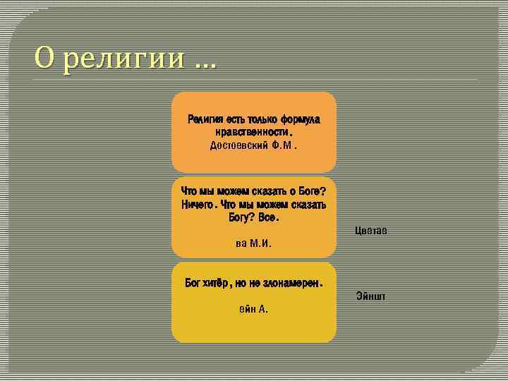 О религии … Религия есть только формула нравственности. Достоевский Ф. М. Что мы можем