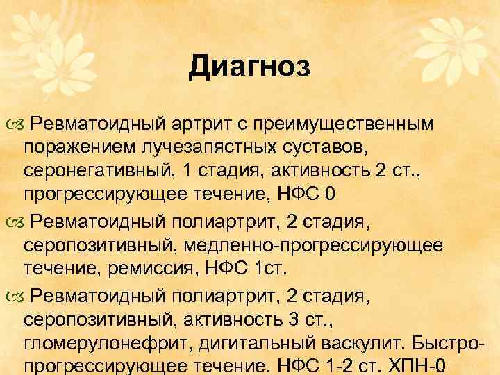 Диагноз Ревматоидный артрит с преимущественным поражением лучезапястных суставов, серонегативный, 1 стадия, активность 2 ст.