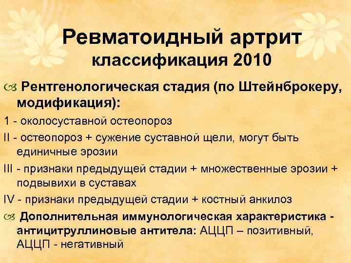 Ревматоидный артрит классификация 2010 Рентгенологическая стадия (по Штейнброкеру, модификация): 1 - околосуставной остеопороз II