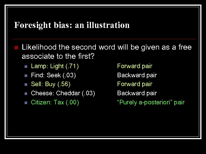 Foresight bias: an illustration n Likelihood the second word will be given as a