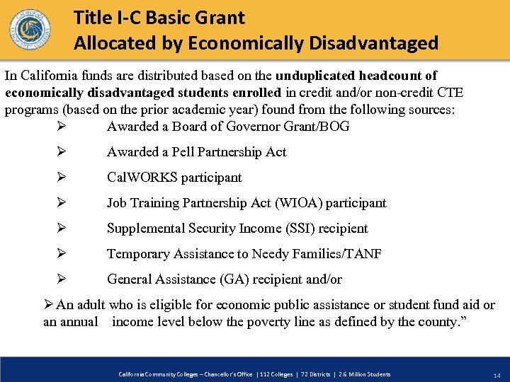 Title I-C Basic Grant Allocated by Economically Disadvantaged In California funds are distributed based