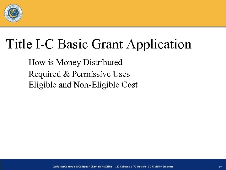 Title I-C Basic Grant Application How is Money Distributed Required & Permissive Uses Eligible