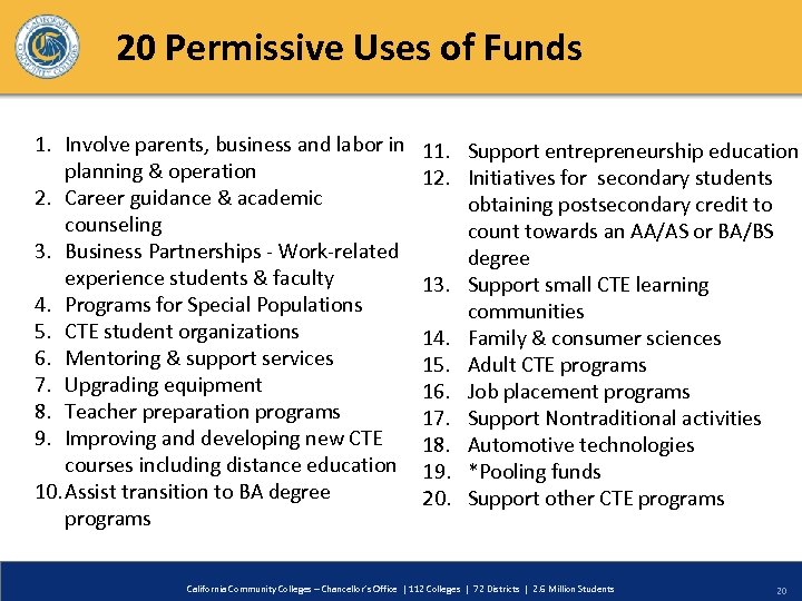 20 Permissive Uses of Funds 1. Involve parents, business and labor in planning &