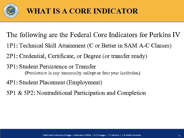 WHAT IS A CORE INDICATOR The following are the Federal Core Indicators for Perkins