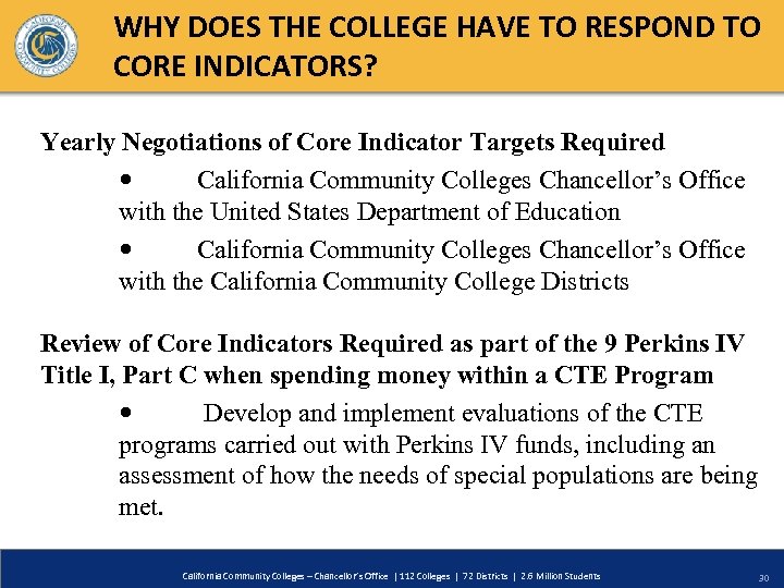 WHY DOES THE COLLEGE HAVE TO RESPOND TO CORE INDICATORS? Yearly Negotiations of Core