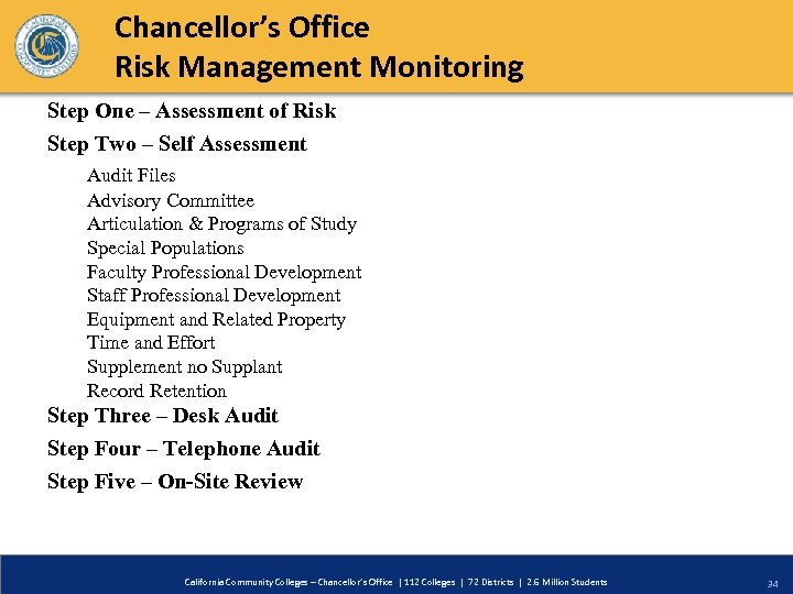 Chancellor’s Office Risk Management Monitoring Step One – Assessment of Risk Step Two –