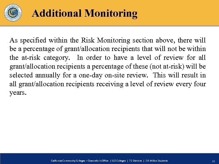 Additional Monitoring As specified within the Risk Monitoring section above, there will be a