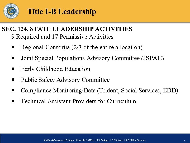 Title I-B Leadership SEC. 124. STATE LEADERSHIP ACTIVITIES 9 Required and 17 Permissive Activities