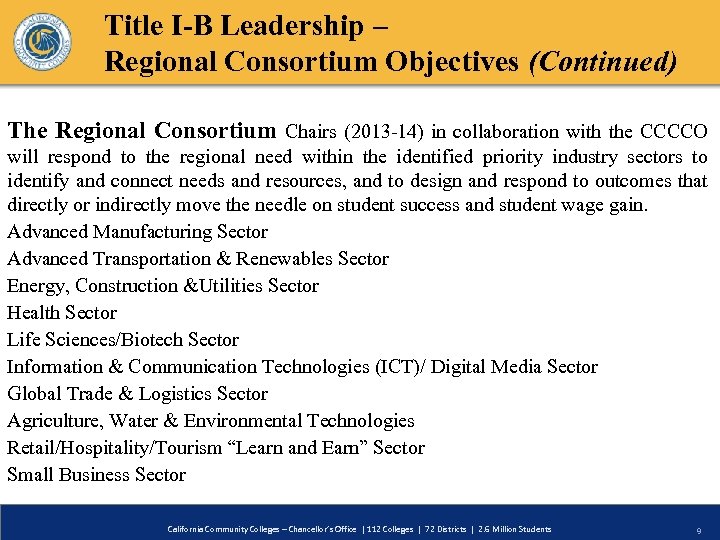 Title I-B Leadership – Regional Consortium Objectives (Continued) The Regional Consortium Chairs (2013 -14)