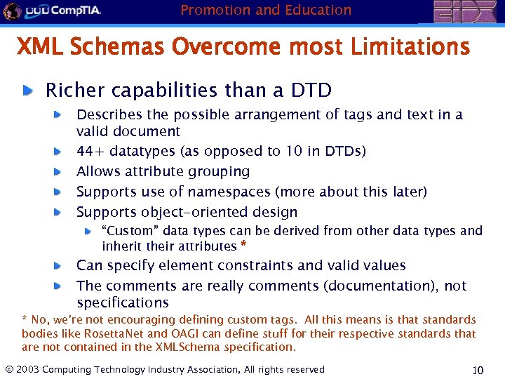 Promotion and Education XML Schemas Overcome most Limitations Richer capabilities than a DTD Describes