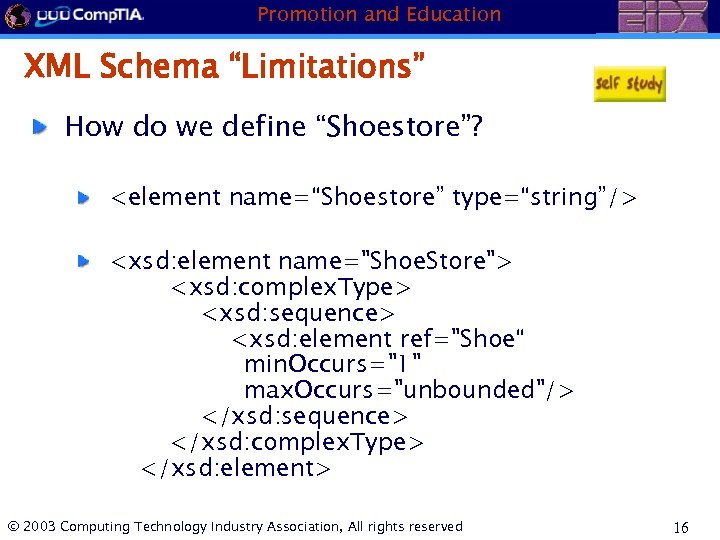 Promotion and Education XML Schema “Limitations” How do we define “Shoestore”? <element name=“Shoestore” type=“string”/>